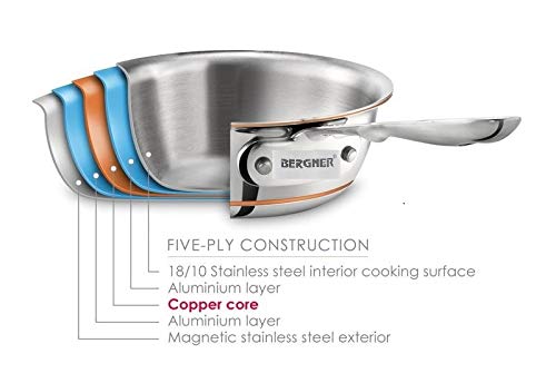 BERGNER Argent 5Cx 5-Ply Copper Core Stainless Steel Cooking Casserole/Biryani Pot/Handi with Lid,Induction Base, 24 Cm (4.9Ltr), Gas Ready,Non-Stick, 4.9 Liter