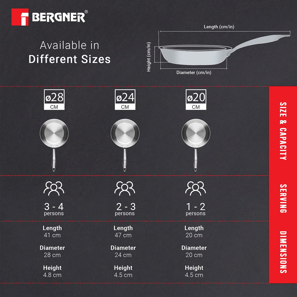 Bergner Argent 5CX 5-Ply Stainless Steel Fry Pan with Riveted Cast Handle & Induction Base Copper Core Base