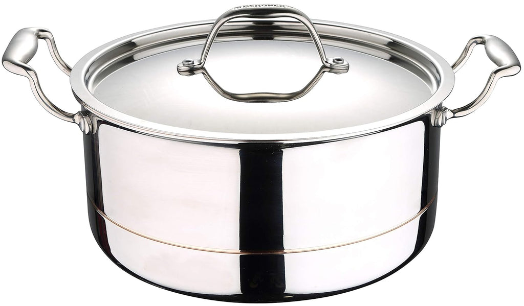 BERGNER Argent 5Cx 5-Ply Copper Core Stainless Steel Cooking Casserole/Biryani Pot/Handi with Lid,Induction Base, 24 Cm (4.9Ltr), Gas Ready,Non-Stick, 4.9 Liter